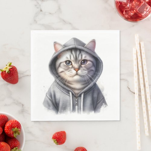 Cute Gray and White Tabby Cat Wearing a Hoodie Napkins