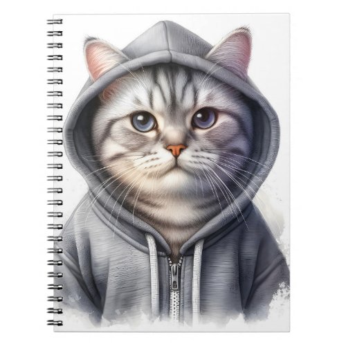 Cute Gray and White Tabby Cat Wearing a Hoodie Notebook