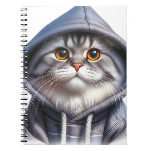 Cute Gray and White Tabby Cat Wearing a Hoodie  Notebook