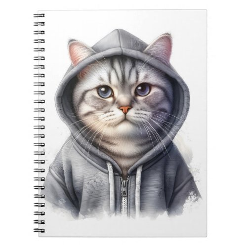 Cute Gray and White Tabby Cat Wearing a Hoodie Notebook