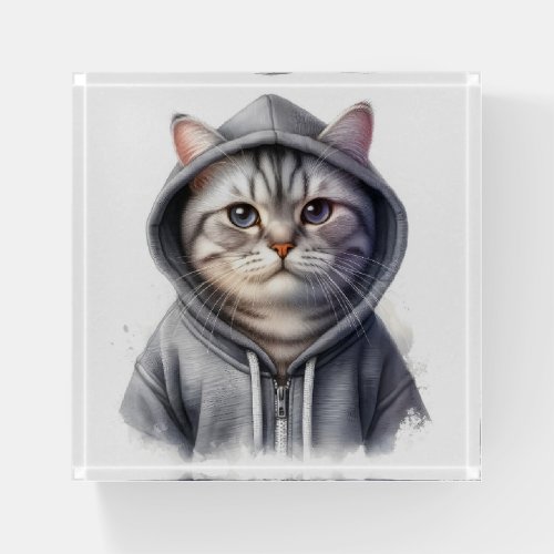 Cute Gray and White Tabby Cat Wearing a Hoodie Paperweight