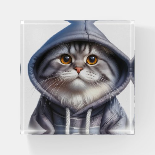 Cute Gray and White Tabby Cat Wearing a Hoodie  Paperweight