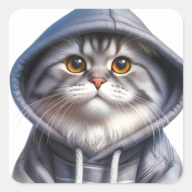 Cute Gray and White Tabby Cat Wearing a Hoodie  Square Sticker (Front)