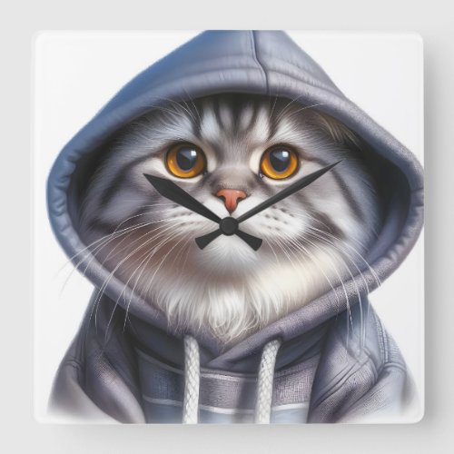 Cute Gray and White Tabby Cat Wearing a Hoodie  Square Wall Clock