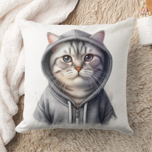 Cute Gray and White Tabby Cat Wearing a Hoodie Throw Pillow