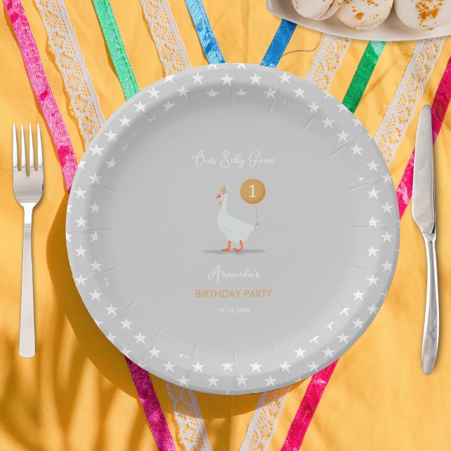 Cute Gray and Yellow 1st Birthday Party Goose Paper Plates (Creator Uploaded)