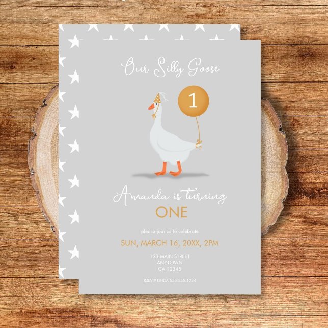 Cute Gray and Yellow Silly Goose 1st Birthday  Invitation (Creator Uploaded)