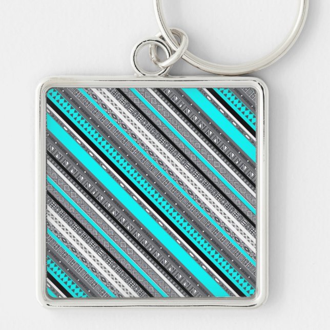 Cute gray aqua aztec patterns keychain (Front)