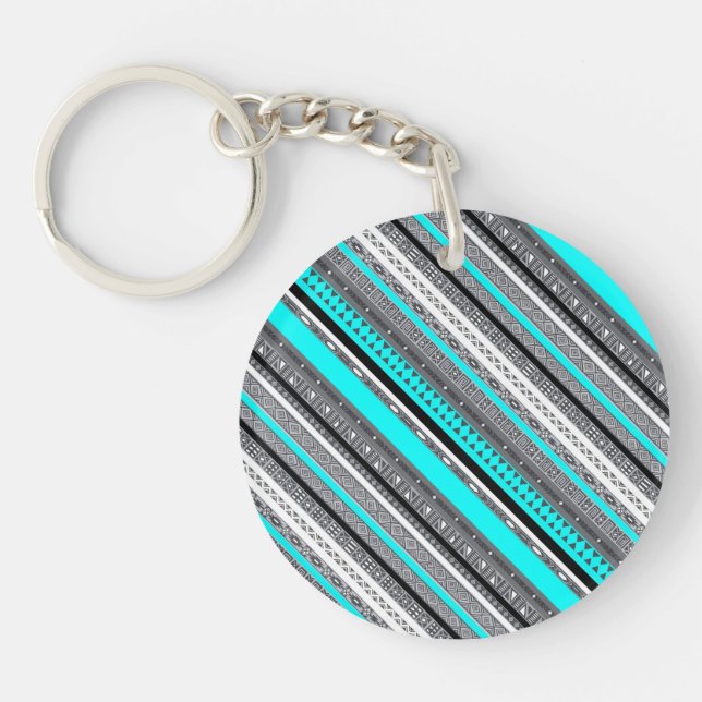 Cute gray aqua aztec patterns keychain (Front)