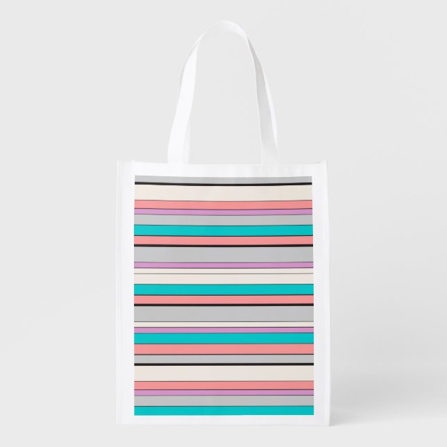 Cute gray aqua stripes grocery bag (Front)