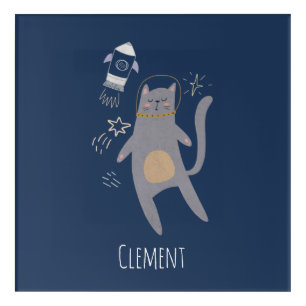 Cute Gray Astronaut Cat Custom Name Acrylic Print