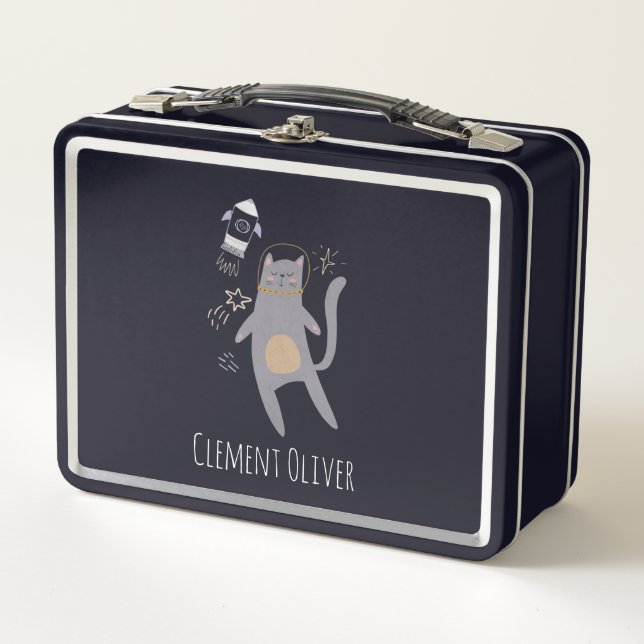 Cute Gray Astronaut Cat Custom Name Metal Lunch Box (Front)