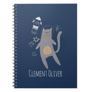 Cute Gray Astronaut Cat Custom Name Notebook