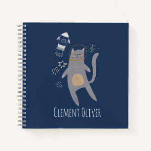 Cute Gray Astronaut Cat Custom Name Notebook