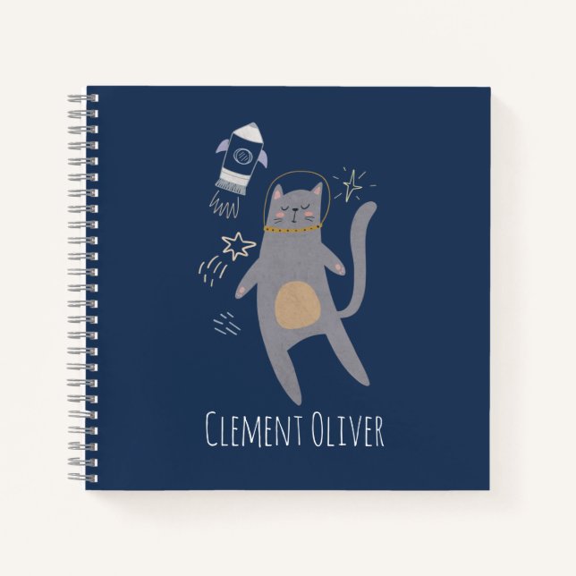 Cute Gray Astronaut Cat Custom Name Notebook (Front)