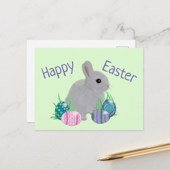 Cute Gray Baby Bunny Rabbit Easter Holiday Postcard (Front/Back In Situ)