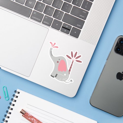 Cute Gray Baby Elephant Pink Palm Tree Laptop Sticker