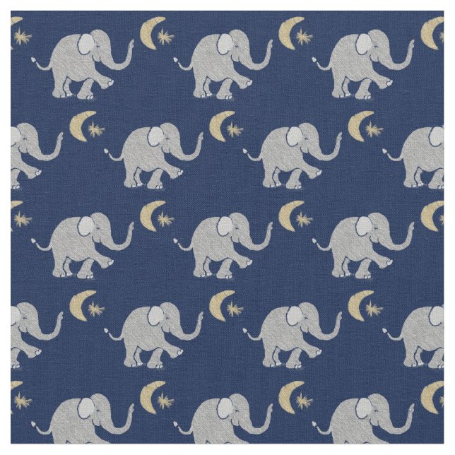 Cute Gray Baby Elephant with Moon and Star on Blue Fabric (Close Up)