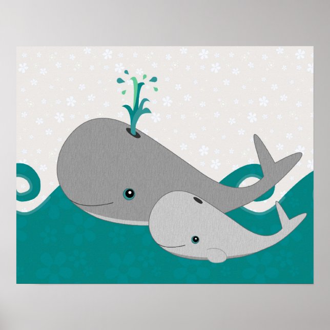 Cute Gray Baby Whale on the Waves Cartoon Poster (Front)