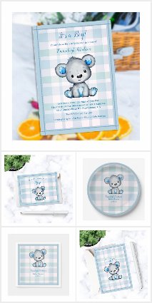 Cute Gray Bear For Boy Plaid Blanket Baby Shower