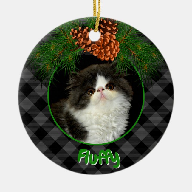 Cute gray black plaid pinecone pet photo template ceramic ornament (Front)