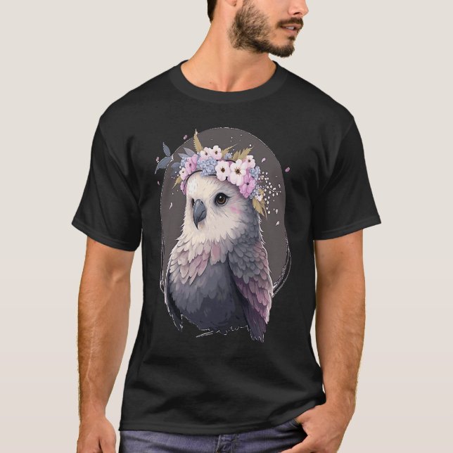 Cute Gray Budgie Parakeet Bird Flower Crown Pet Bi T-Shirt (Front)