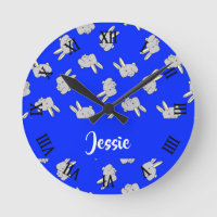 Cute gray bunnies on blue round clock