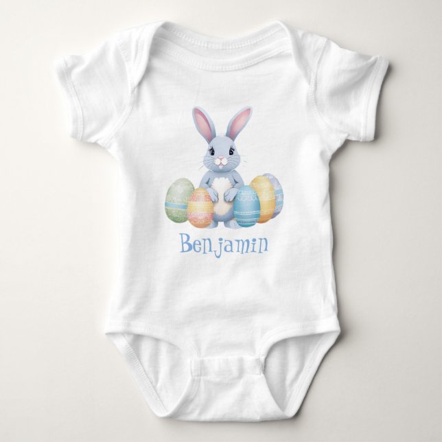 Cute Gray Bunny Rabbit With Easter Eggs Name White Baby Bodysuit (Front)
