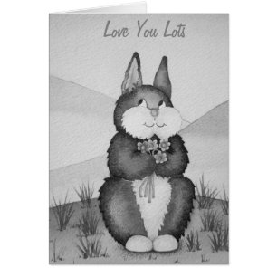 cute gray Bunny smiling with flowers saying love Cards