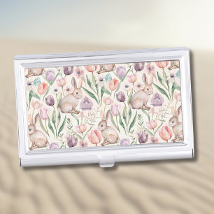 Cute Gray Bunny with Colorful Tulips Business Card Case