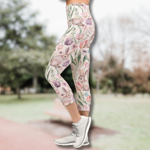 Cute Gray Bunny with Colorful Tulips Capri Leggings