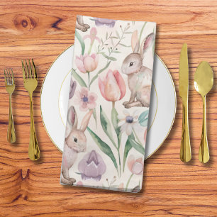 Cute Gray Bunny with Colorful Tulips Cloth Napkin