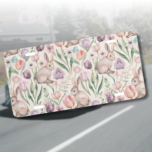 Cute Gray Bunny with Colorful Tulips License Plate