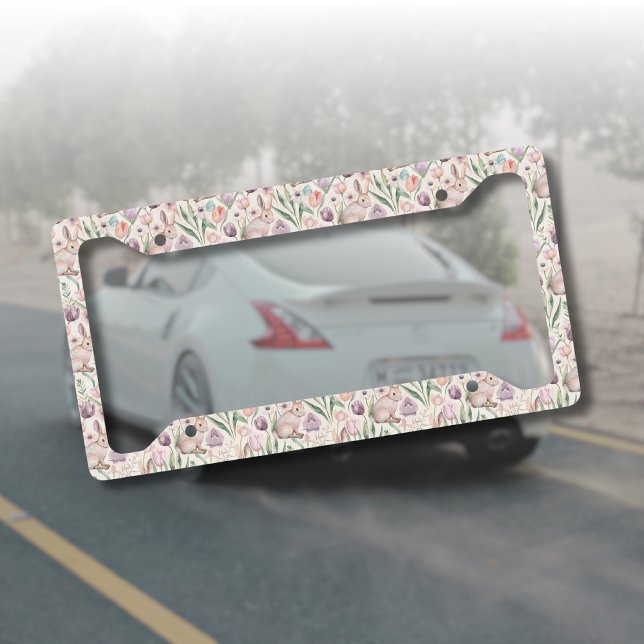 Cute Gray Bunny with Colorful Tulips License Plate Frame (Creator Uploaded)