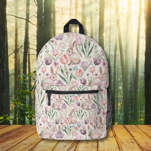 Cute Gray Bunny with Colorful Tulips Printed Backpack (Creator Uploaded)