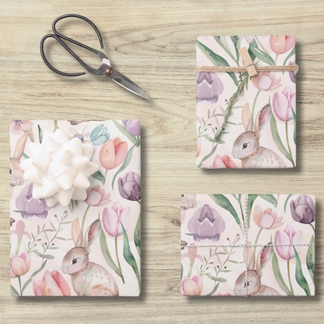 Cute Gray Bunny with Colorful Tulips Wrapping Paper Sheets (Creator Uploaded)