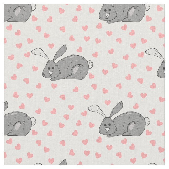 Cute Gray Bunny with Pink Hearts Print Fabric (Close Up)