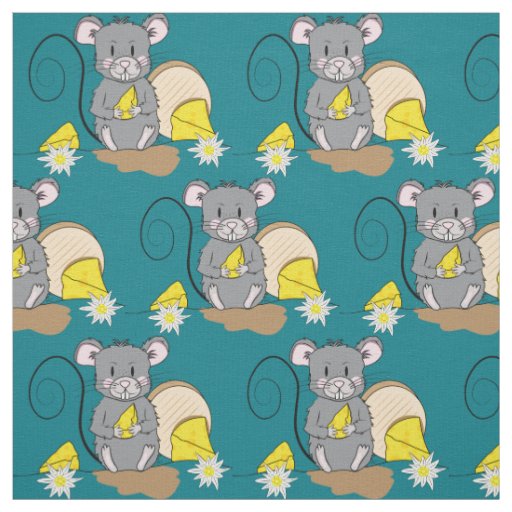 Cute gray cartoon mouse dark turquoise fabric