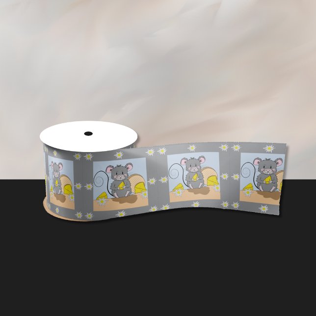 Cute gray cartoon mouse eating cheese ribbon (Cute gray mouse eating cheese pattern ribbon . )