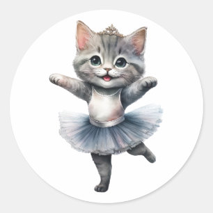 Cute gray cat ballerina dancing ballet classic round sticker