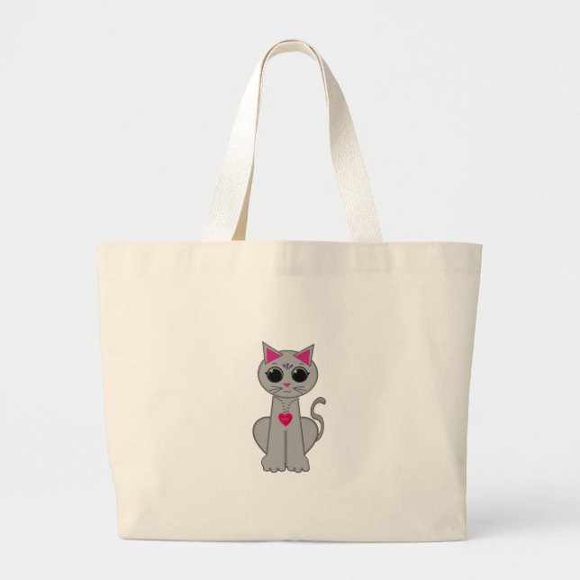 Cute gray cat cartoon large tote bag (Front)