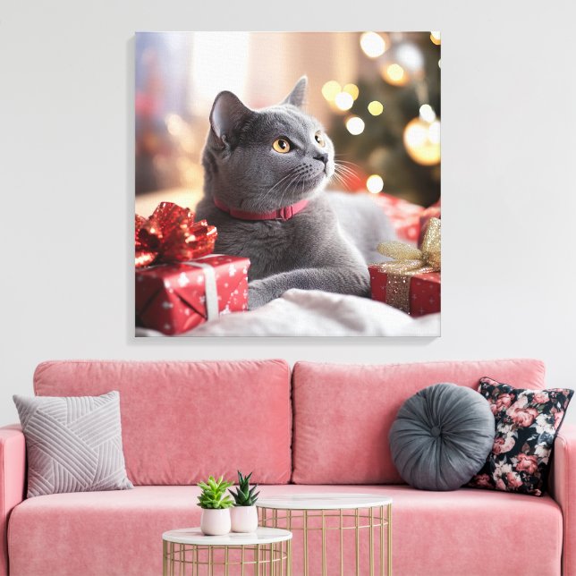 Cute Gray Cat Celebrating Christmas Canvas Print (Insitu(LivingRoom))