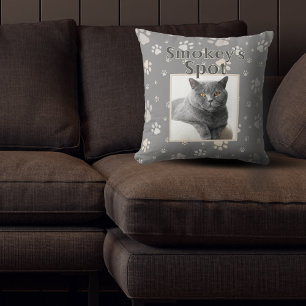 Cute Gray Cat Custom Pet Photo Name Paws Throw Pillow