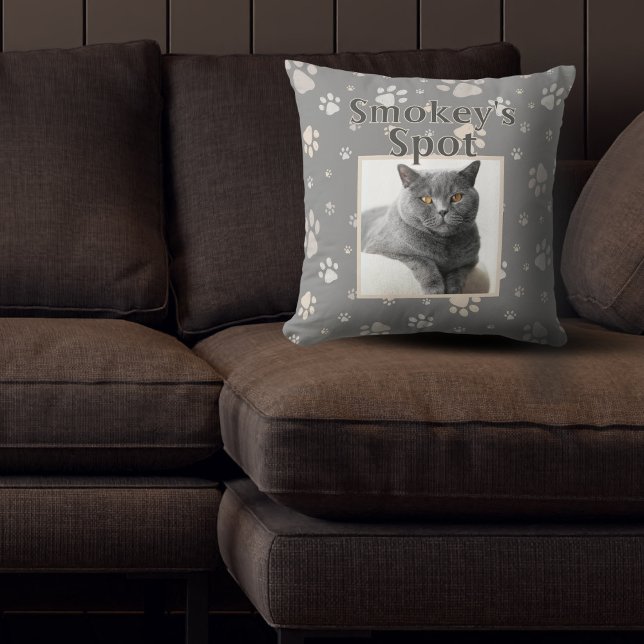 Cute Gray Cat Custom Pet Photo Name Paws Throw Pillow (Creator Uploaded)