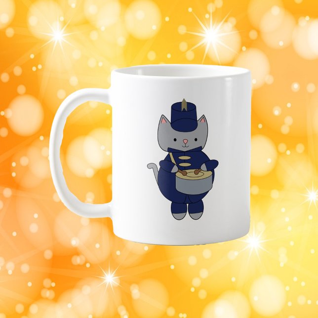 Cute Gray Cat Drummer Blue Marching Band Uniform Coffee Mug (A mug with a gray cat playing the drums and wearing a navy blue and gold marching band uniform.)