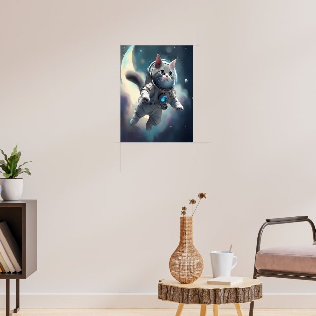 Cute Gray Cat Flying in Space Poster (Living Room 3)
