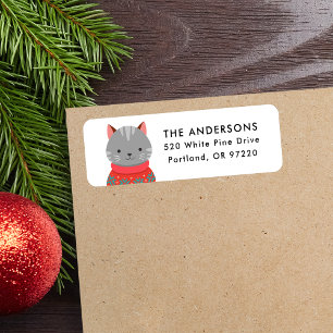 Cute Gray Cat in Sweater Christmas Return Address Label