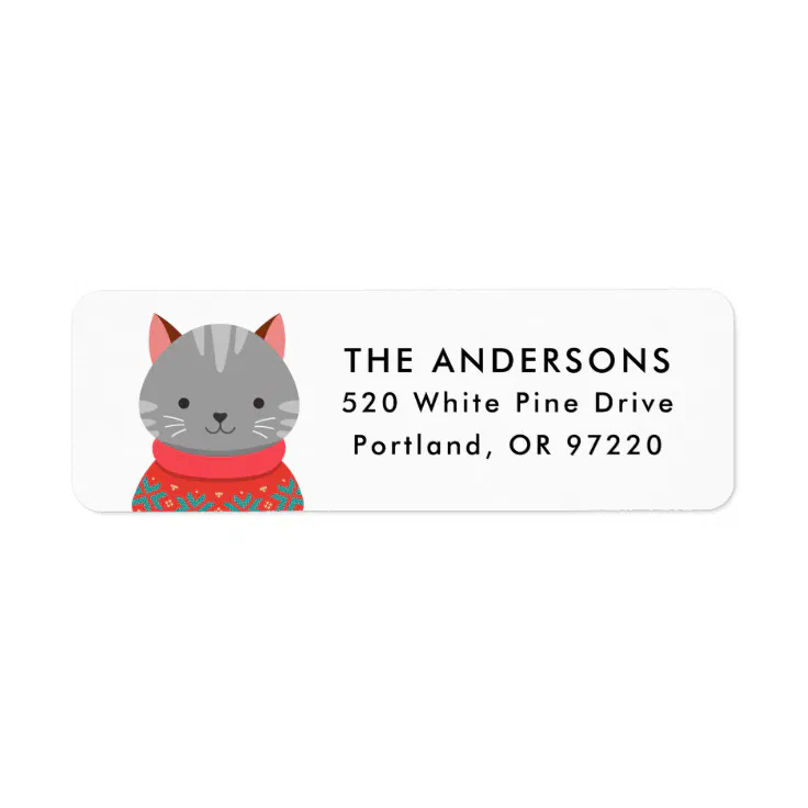 Cute Gray Cat in Sweater Christmas Return Address Label | Zazzle
