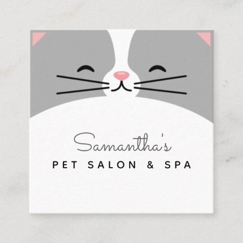 Cute Gray Cat Kitten Face Pet Care Salon  Spa Fun Square Business Card