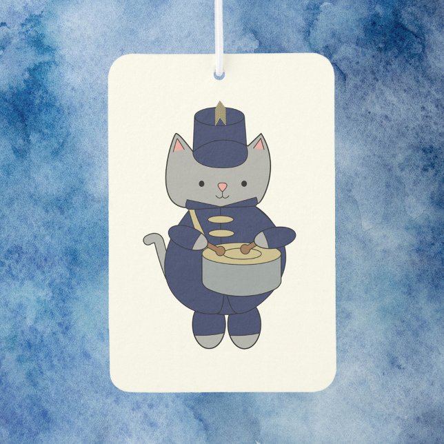 Cute Gray Cat Marching Band Drummer  Air Freshener (An air freshener with a gray cat wearing a navy blue & gold marching band uniform playing the drums.)